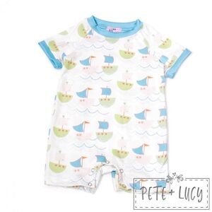 Pete + Lucy Come Swim With Me Romper Sailboat and Wave Print